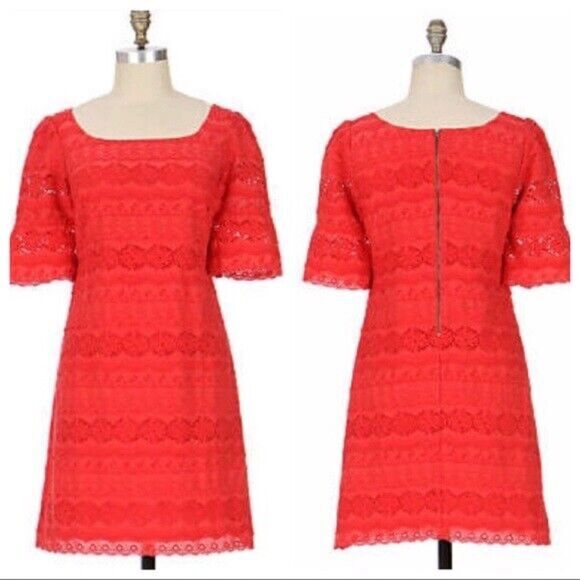 Anthropologie Moulinette Soeurs Dazzling Lights Lace Eyelet Dress in Coral Red - Picture 3 of 13